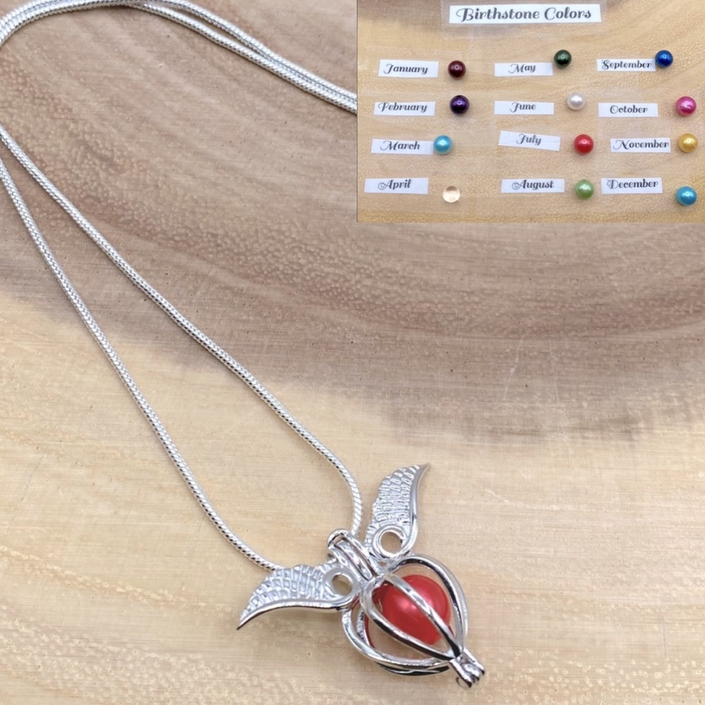 Angel Wings Pearl Cage Necklace, Pick A Birthstone Color